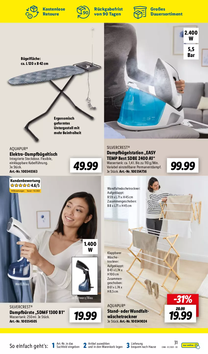 Aktueller Prospekt Lidl - Aktuelle Onlineshop-Highlights - von 01.01 bis 31.01.2023 - strona 31 - produkty: aqua, AquaPur, auer, bügel, Bügelstation, bügeltisch, bürste, dampfbügelstation, Elektro, korb, Ria, silvercrest, steckdose, Ti, tisch, Trockner, wäschetrockner, wasser, wassertank