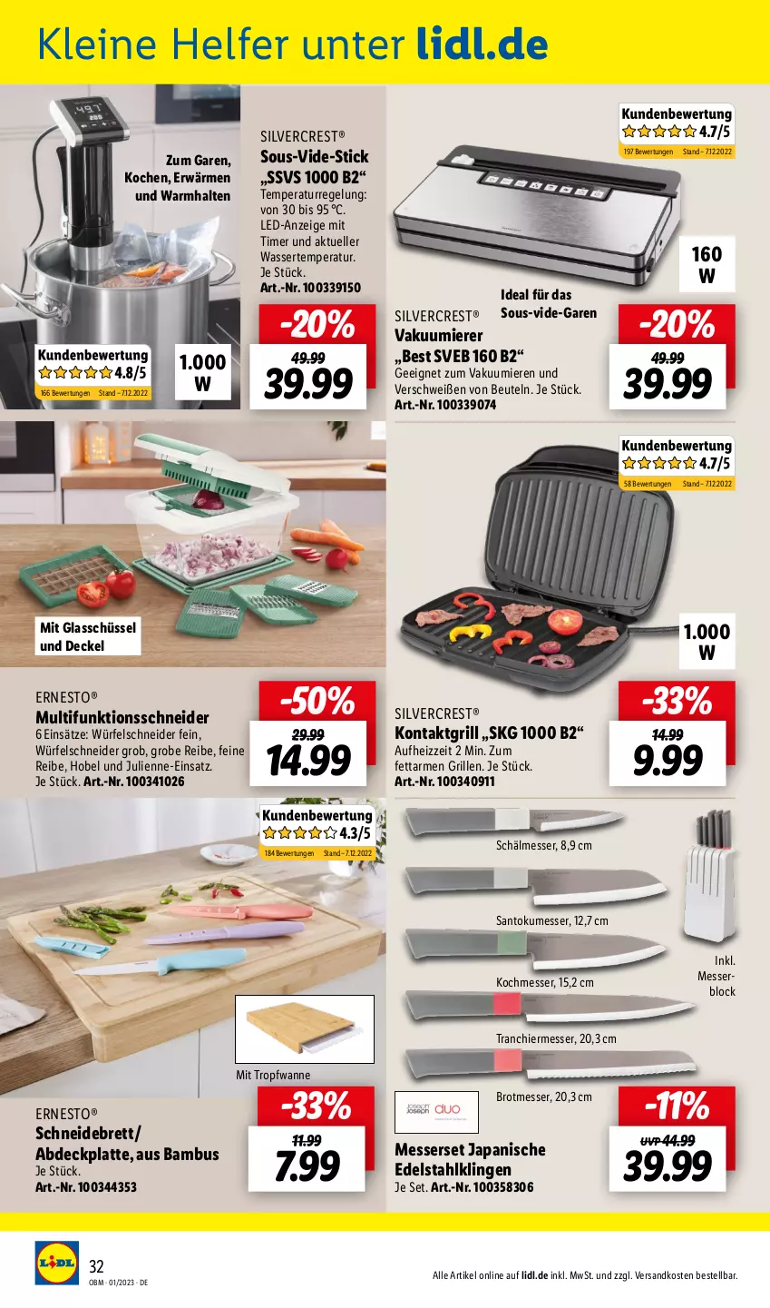 Aktueller Prospekt Lidl - Aktuelle Onlineshop-Highlights - von 01.01 bis 31.01.2023 - strona 32 - produkty: bambus, beutel, brot, decke, Deckel, edelstahl, elle, ernesto, grill, kontaktgrill, latte, leine, messer, messerblock, Messerset, ndk, schneidebrett, schüssel, silvercrest, Sous-Vide-Stick, Ti, timer, Vakuumierer, Wanne, wasser, würfel