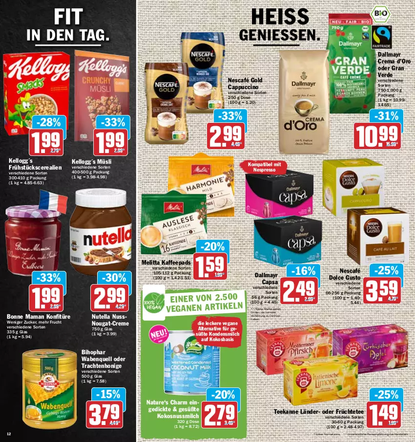 Aktueller Prospekt Hit - Prospekte - von 02.05 bis 07.05.2022 - strona 12 - produkty: bihophar, bonne maman, Cap, cappuccino, cerealien, cin, creme, dallmayr, dallmayr capsa, dolce gusto, eis, elle, erde, espresso, frucht, früchte, Früchtetee, honig, kaffee, kaffeepads, kokos, kokosnuss, Kokosnussmilch, kondensmilch, konfitüre, mam, melitta, milch, müsli, natur, Nescafé, nescafé gold, nespresso, nuss, nutella, reis, tee, teekanne, teller, Ti, zucker