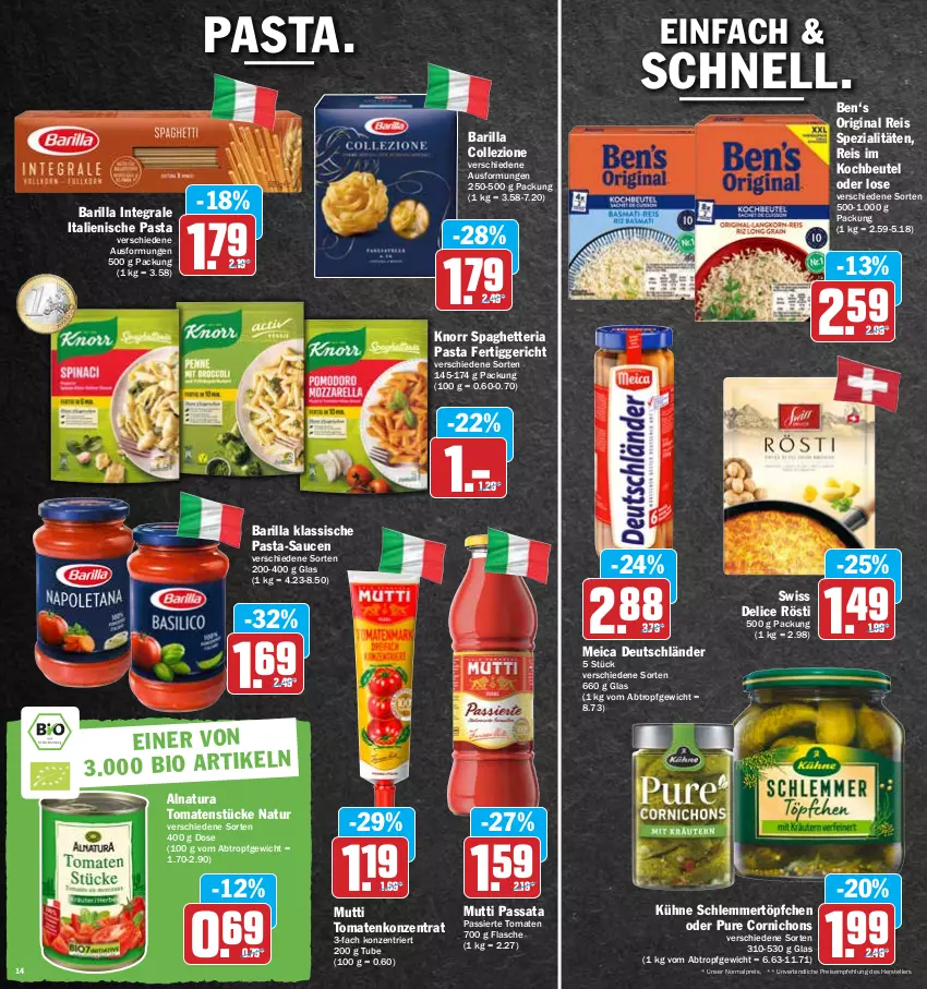 Aktueller Prospekt Hit - Prospekte - von 02.05 bis 07.05.2022 - strona 14 - produkty: barilla, beutel, delice, eis, elle, fertiggericht, flasche, gin, italienische pasta, knorr, kochbeutel, Kühne, meica, Mutti, natur, natura, pasta, pasta-sauce, reis, Ria, sauce, saucen, schlemmertöpfchen, Spezi, teller, Ti, tomate, tomaten, Tomatenstücke, Töpfchen