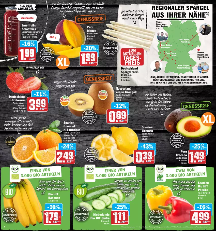 Aktueller Prospekt Hit - Prospekte - von 02.05 bis 07.05.2022 - strona 2 - produkty: auer, aufstrich, aus dem kühlregal, avocado, banane, bananen, Bau, Bauer, beere, beeren, bio, bio hit, brot, brotaufstrich, butter, curry, deutscher spargel, eis, Elan, elle, erdbeere, erdbeeren, flasche, frucht, früchte, glasflasche, gurke, gurken, joghur, joghurt, kiwi, Kiwi Gold, kühlregal, mac, mango, nuss, obst, orange, orangen, paprika, paprika rot, pasta, quark, regal, reis, rel, saft, salat, salate, Schal, Schale, shake, smoothie, smoothies, spargel, teller, Ti, tisch, true fruits, vita, Vitamine, zespri, zitrone, zitronen