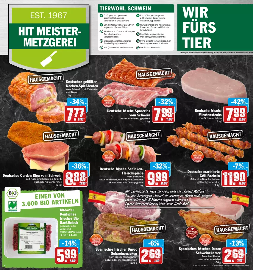 Aktueller Prospekt Hit - Prospekte - von 02.05 bis 07.05.2022 - strona 4 - produkty: auer, bacon, Bau, bauchscheiben, bio, braten, champignon, champignons, cordon bleu, eis, elle, ente, fleisch, Fleischspieße, grill, grill-fackeln, hackfleisch, hackfleisch gemischt, Käse, küche, Küchen, Meister, minutensteaks, mit paprika, mit zwiebeln, monitor, natur, paprika, pute, reis, Ria, rind, ring, schinken, schwein, schweine, schweine-bauch, schweine-bauchscheiben, schweinenacken, spareribs, Sport, steak, steaks, teller, Ti, Tiere, tisch, wein, weine, ZTE, zwiebel, zwiebeln