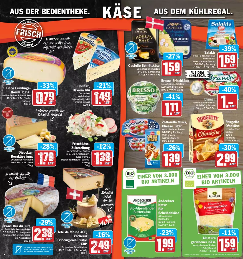 Aktueller Prospekt Hit - Prospekte - von 02.05 bis 07.05.2022 - strona 8 - produkty: andechser natur, aus dem kühlregal, bavaria blu, Bergkäse, beutel, bio, bresso, creme, deutscher weichkäse, doppelrahmstufe, eis, elle, feta, frico, frischkäse, frischkäsezubereitung, frucht, gouda, hartkäse, Heu, heumilch, holländischer schnittkäse, Jura, Käse, kühlregal, milch, natur, natura, Ofen, Ofenkäse, regal, reis, rel, Ria, rouge, rougette, salakis, Schal, Schale, schnittkäse, schweizer schnittkäse, teller, Tête de Moine, Ti, weichkäse, zott, zottarella, zottarella minis