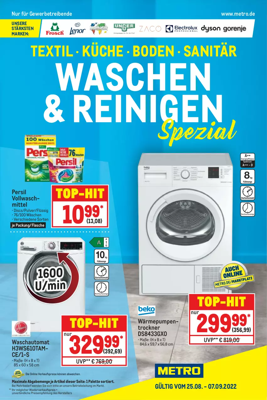 Aktueller Prospekt Metro - Waschen & Reinigen Spezial - von 25.08 bis 07.09.2022 - strona 1 - produkty: auto, eis, elle, flasche, küche, Metro, Palette, persil, reis, Spezi, teller, Ti, top-hit, Trockner, vollwaschmittel, wärmepumpentrockner, waschmittel