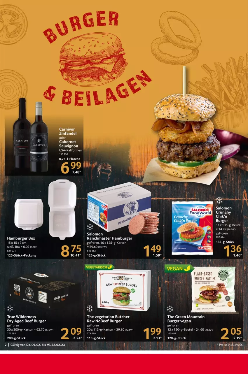 Aktueller Prospekt Selgros - Gastronomie - von 09.02 bis 22.02.2023 - strona 2 - produkty: beef, beutel, burger, cabernet, cabernet sauvignon, flasche, hamburger, Ria, salomon, sauvignon, The Vegetarian Butcher, Ti, Vegeta