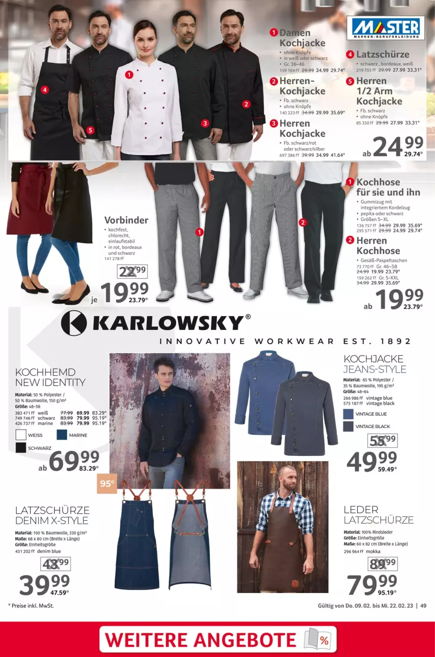 Aktueller Prospekt Selgros - Gastronomie - von 09.02 bis 22.02.2023 - strona 49 - produkty: arlo, Bau, baumwolle, Brei, eis, hemd, hose, Jacke, jeans, kleid, Kleidung, lack, reis, Ria, rind, Schürze, Tasche, taschen, Ti, wolle