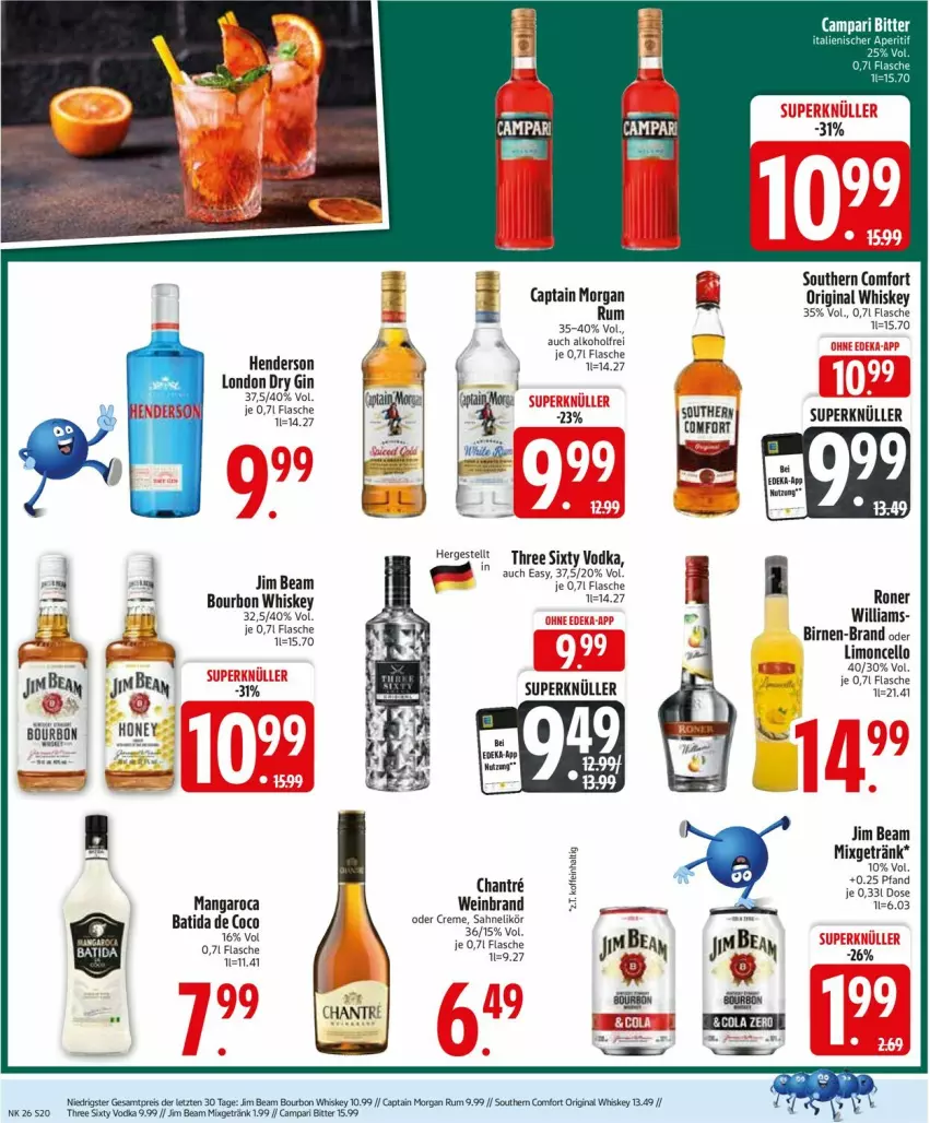 Aktueller Prospekt Edeka - Prospekte - von 23.06 bis 28.06.2025 - strona 20 - produkty: alkohol, batida, bett, Birnen, bourbon, bourbon whiskey, campari, Cap, creme, dry gin, enders, flasche, getränk, gin, jim beam, likör, limo, london dry, london dry gin, mangaroca, Mixgetränk, rum, sahne, Southern Comfort, Three Sixty, Ti, vodka, wein, weinbrand, whiskey, ZTE