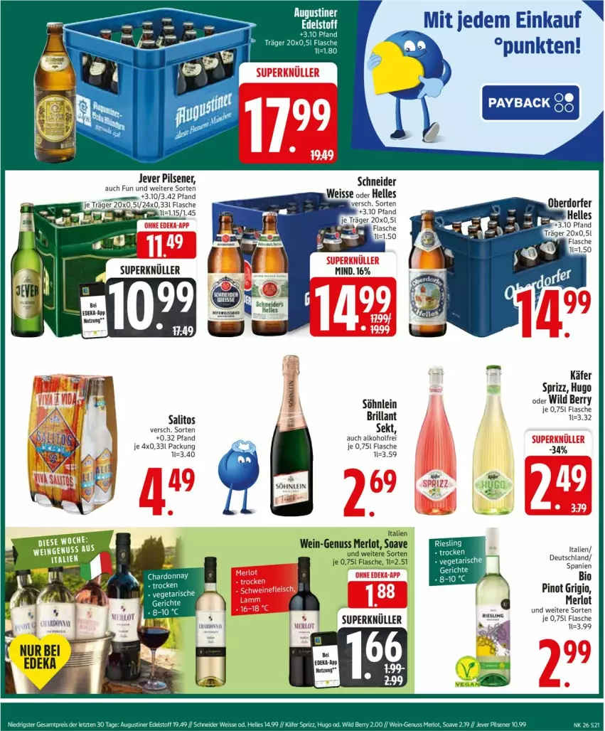 Aktueller Prospekt Edeka - Prospekte - von 23.06 bis 28.06.2025 - strona 21 - produkty: alkohol, bio, flasche, hugo, jever, jever pilsener, käfer, merl, merlot, nuss, pils, pilsener, Pinot, pinot grigio, sekt, söhnlein, Sprizz, wein, Wild, wild berry