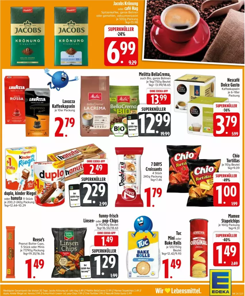 Aktueller Prospekt Edeka - Prospekte - von 23.06 bis 28.06.2025 - strona 23 - produkty: bellacrema, beutel, bio, bohne, bohnen, butter, chips, deka, dolce gusto, duplo, funny-frisch, hanuta, jacobs, kaffee, kaffeekapseln, Kinder, kinder riegel, lavazza, linsen, mam, melitta, peanut butter, Reese's, riegel, tuc