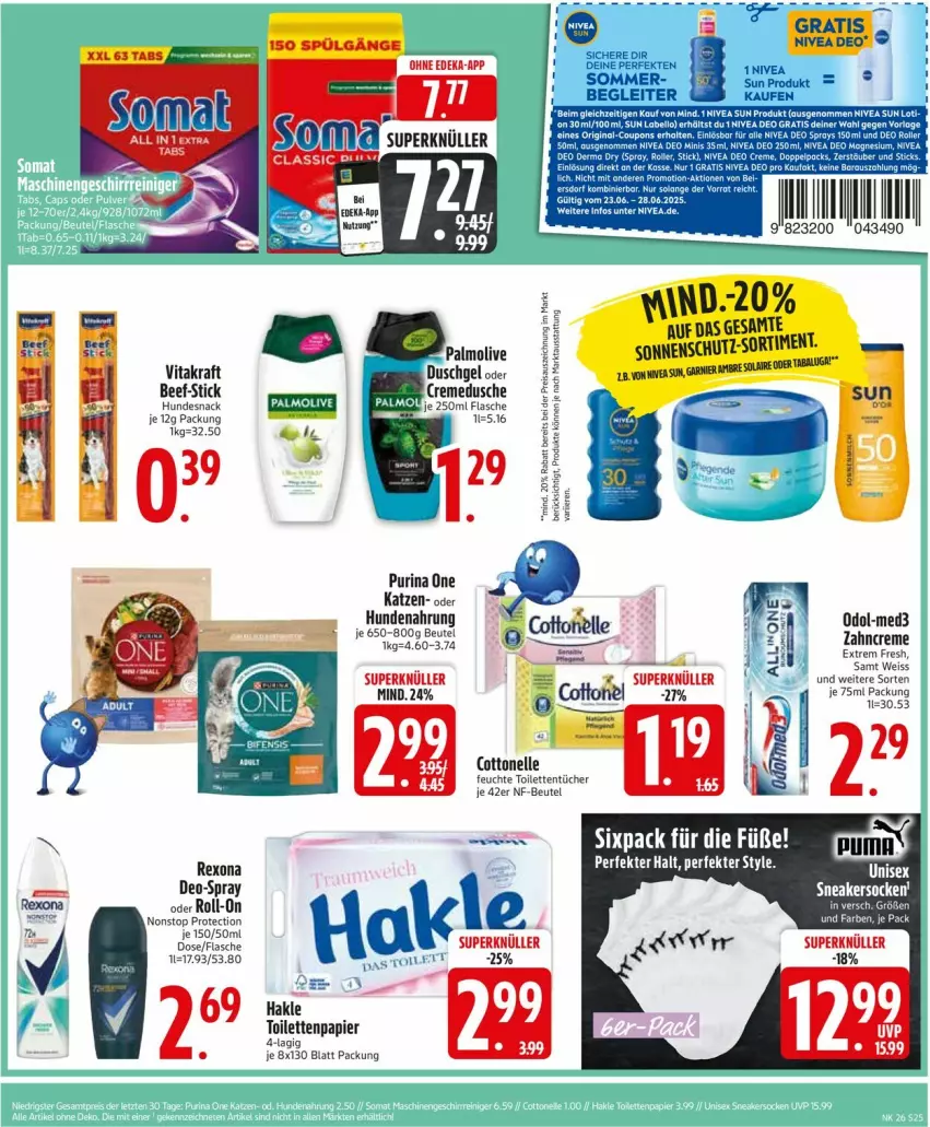 Aktueller Prospekt Edeka - Prospekte - von 23.06 bis 28.06.2025 - strona 25 - produkty: beef, cottonelle, coupon, coupons, creme, cremedusche, deo, deo spray, dusche, eis, elle, ente, flasche, gin, hakle, hundenahrung, hundesnack, kraft, Labello, magnesium, nivea, nivea sun, Odol, papier, purina, reis, rexona, roll-on, Roller, snack, sonnenschutz, tee, Ti, toilettenpapier, torte, vita, vitakraft, zahncreme