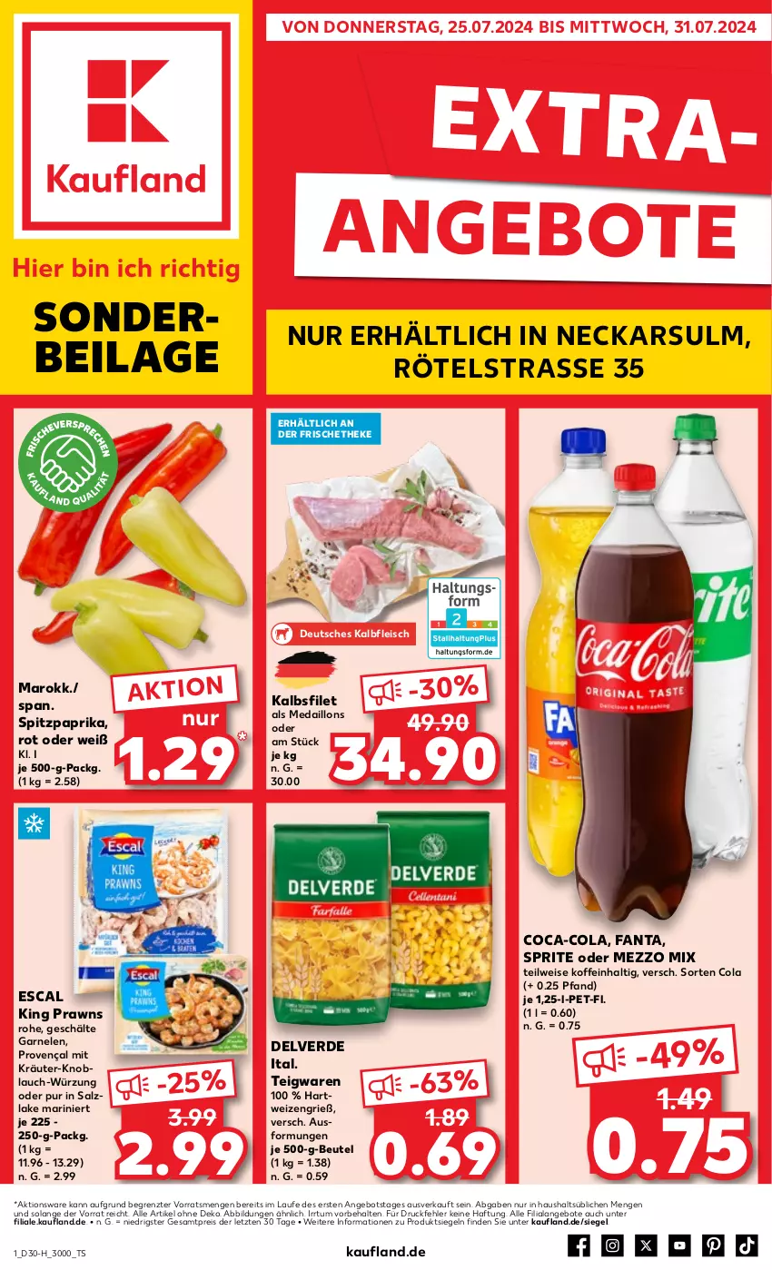 Aktueller Prospekt Kaufland - Extra-Angebote - von 25.07 bis 31.07.2024 - strona 1 - produkty: angebot, angebote, beutel, bsf, coca-cola, cola, eis, erde, escal, fanta, filet, fleisch, garnelen, hartweizen, ilag, Kalbfleisch, knoblauch, kräuter, medaillons, Mezzo Mix, paprika, prawns, reis, salz, Spitzpaprika, sprite, teigwaren, Ti, ZTE