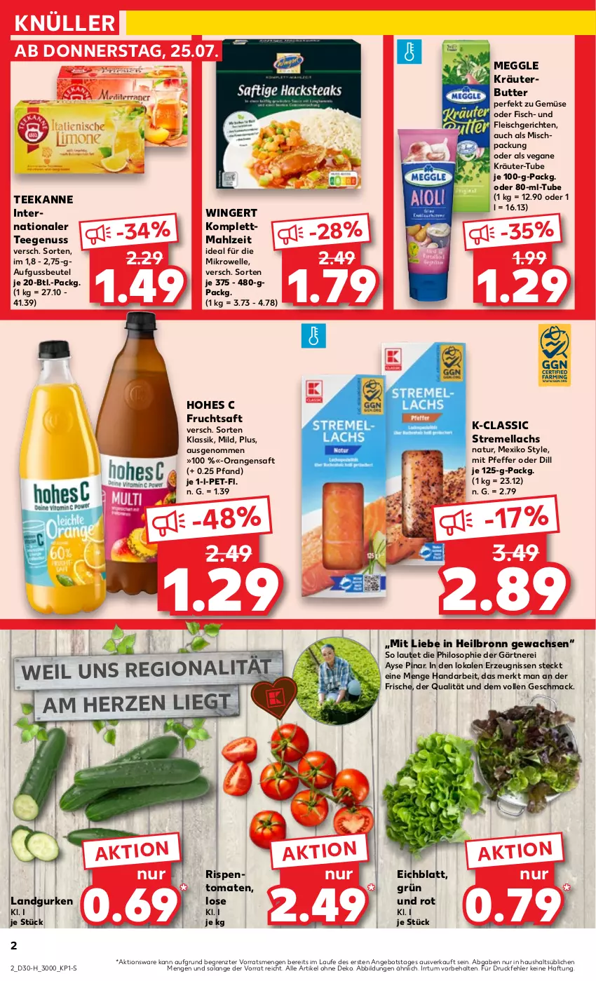 Aktueller Prospekt Kaufland - Extra-Angebote - von 25.07 bis 31.07.2024 - strona 2 - produkty: angebot, beutel, butter, eis, elle, fisch, fleisch, frucht, fruchtsaft, gurke, gurken, Hohes C, HP, kräuter, kräuterbutter, lachs, Landgurken, mac, meggle, mikrowelle, natur, nuss, orange, orangen, orangensaft, pfeffer, rispentomaten, saft, tee, teekanne, Ti, tomate, tomaten, ZTE