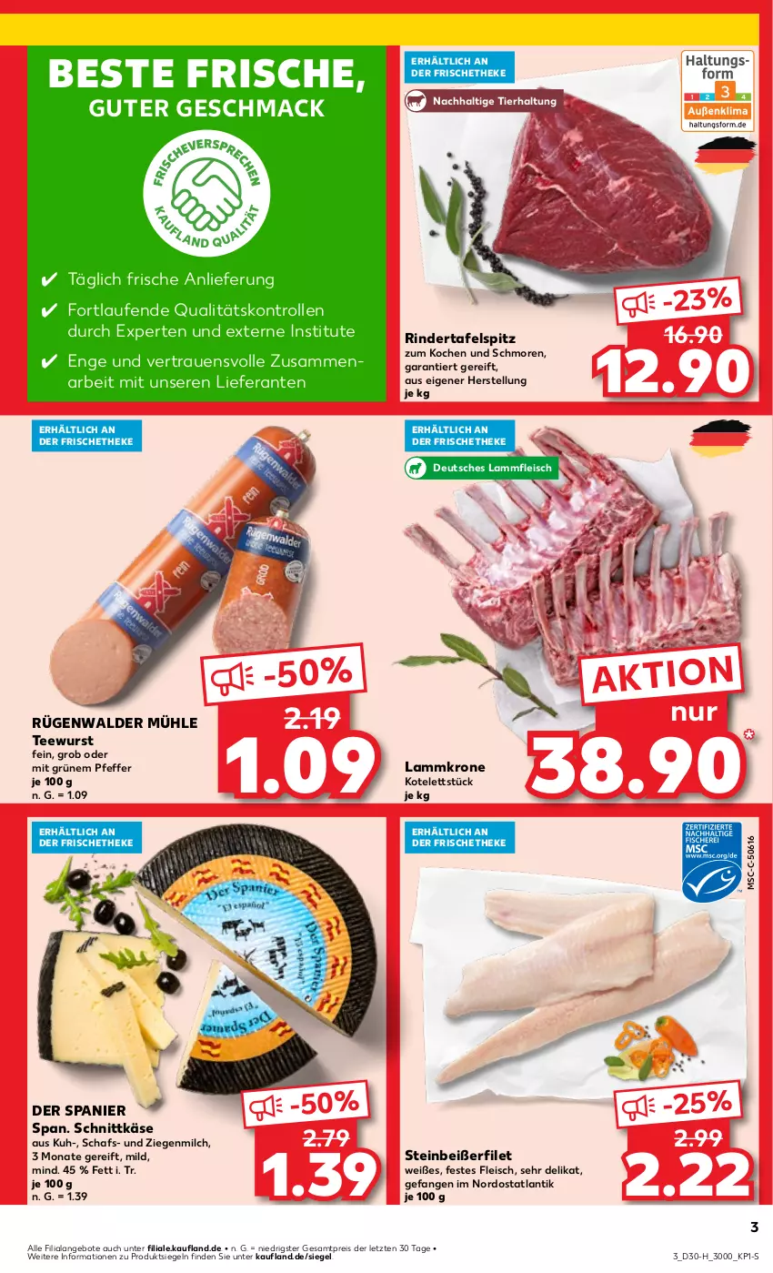 Aktueller Prospekt Kaufland - Extra-Angebote - von 25.07 bis 31.07.2024 - strona 3 - produkty: angebot, angebote, eis, filet, fleisch, Käse, kotelett, krone, lamm, Lammfleisch, Lammkrone, Laufen, mac, milch, pfeffer, reis, rind, rinder, rügenwalder, rügenwalder mühle, schnittkäse, Steinbeißer, Steinbeißerfilet, tafelspitz, tee, teewurst, Ti, wurst, ZTE