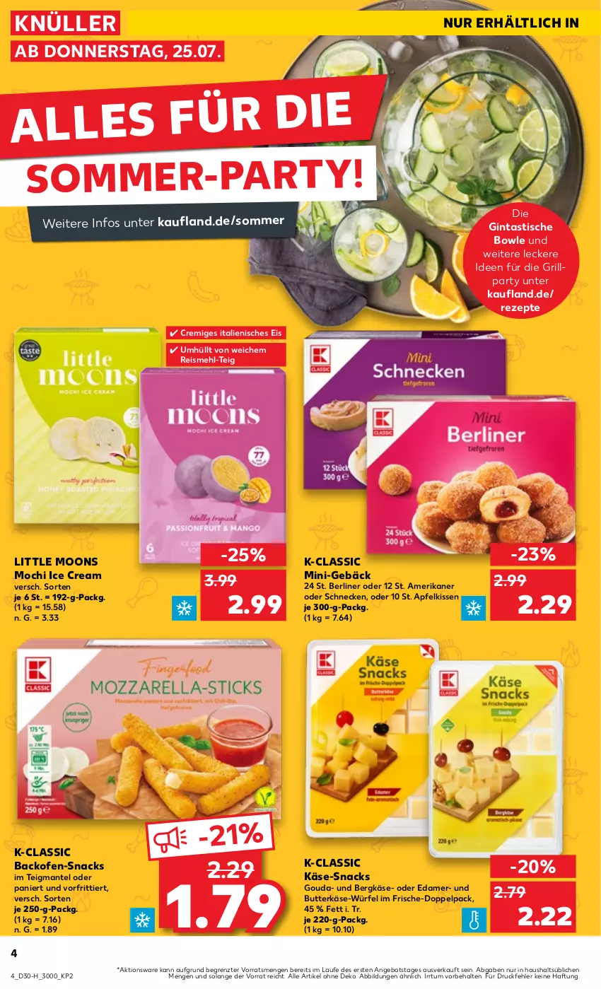 Aktueller Prospekt Kaufland - Extra-Angebote - von 25.07 bis 31.07.2024 - strona 4 - produkty: angebot, apfel, asti, backofen, Bergkäse, berliner, bowle, butter, butterkäse, edamer, eis, gin, gouda, grill, Käse, kissen, Mantel, mehl, Mochi, Ofen, reis, rezept, rezepte, snack, snacks, Ti, tisch, würfel, ZTE