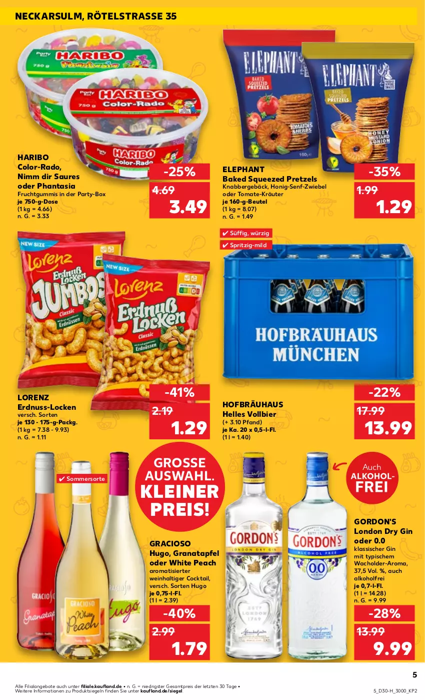 Aktueller Prospekt Kaufland - Extra-Angebote - von 25.07 bis 31.07.2024 - strona 5 - produkty: alkohol, angebot, angebote, apfel, beutel, bier, cocktail, dry gin, eis, elle, erdnuss, frucht, fruchtgummi, fruchtgummis, gin, gordon, gordon's, gracioso, grana, granatapfel, haribo, honig, Honig-Senf, hugo, kräuter, leine, london dry, london dry gin, lorenz, nuss, Pretzel, Rana, reis, senf, Ti, tomate, wein, ZTE, zwiebel