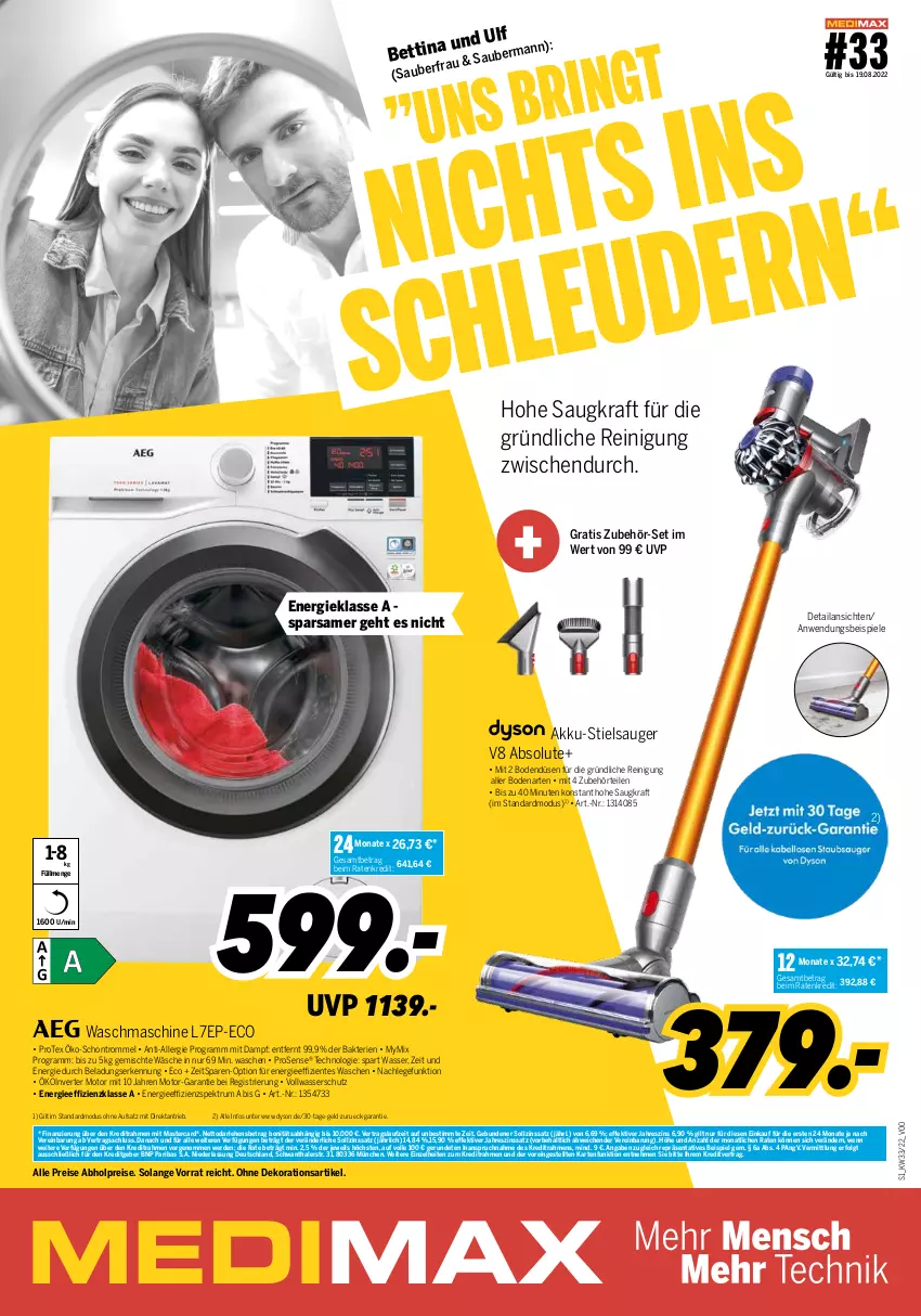 Aktueller Prospekt Medimax - MEDIMAX Prospekt KW33 2022 - von 12.08 bis 18.08.2022 - strona 1 - produkty: abholpreise, akku, bett, dekoration, Dyson, eis, ente, erde, gefu, kraft, LG, mastercard, Protex, Reinigung, reis, rosen, rum, Spektrum, Spiele, Stielsauger, Ti, trommel, waschmaschine, wasser