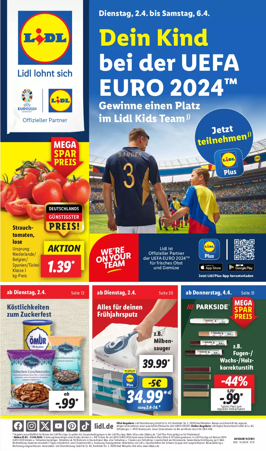 Aktueller Prospekt Lidl - Aktionsprospekt - von 02.04 bis 06.04.2024 - strona 1 - produkty: angebot, angebote, Bad, bio, coupon, eis, elle, Holz, LG, obst, Obst und Gemüse, Rauch, reis, Ti, tomate, tomaten, und gemüse, ZTE, zucker