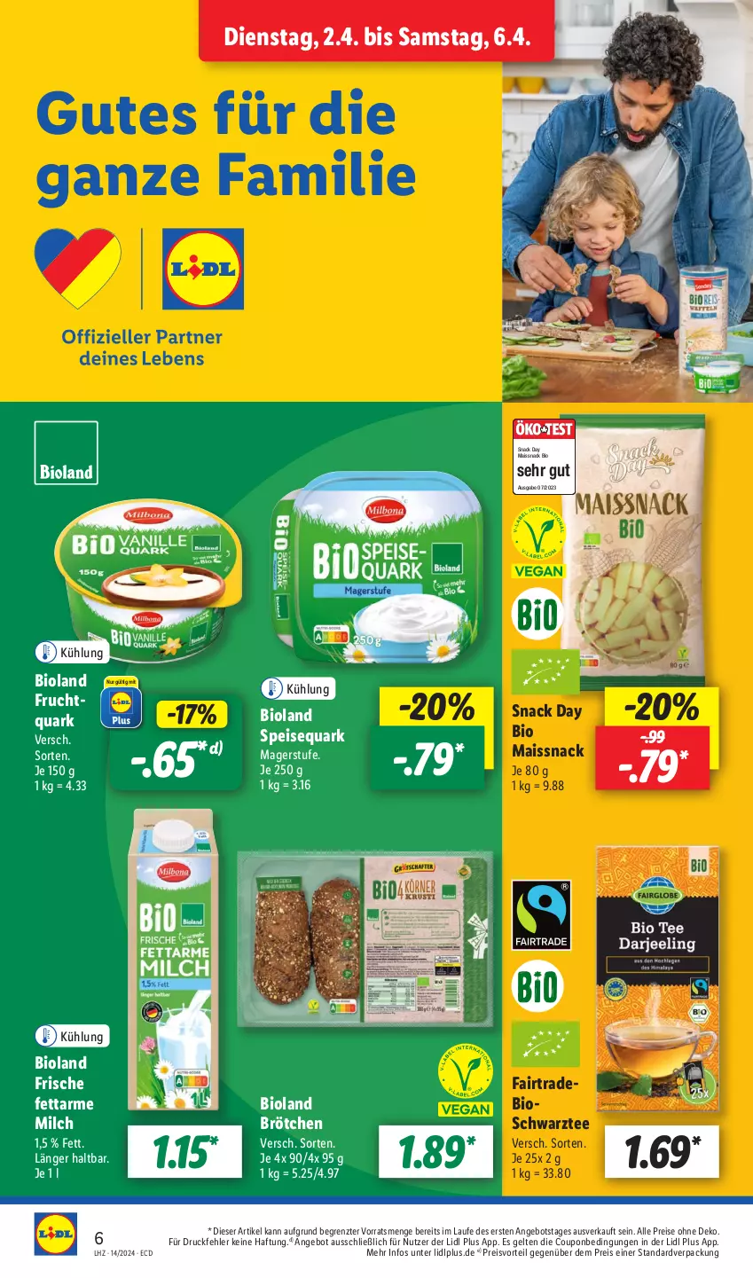 Aktueller Prospekt Lidl - Aktionsprospekt - von 02.04 bis 06.04.2024 - strona 10 - produkty: angebot, bio, bioland, brötchen, coupon, eis, frucht, Fruchtquark, mais, milch, preisvorteil, quark, reis, snack, speisequark, tee, Ti, ZTE