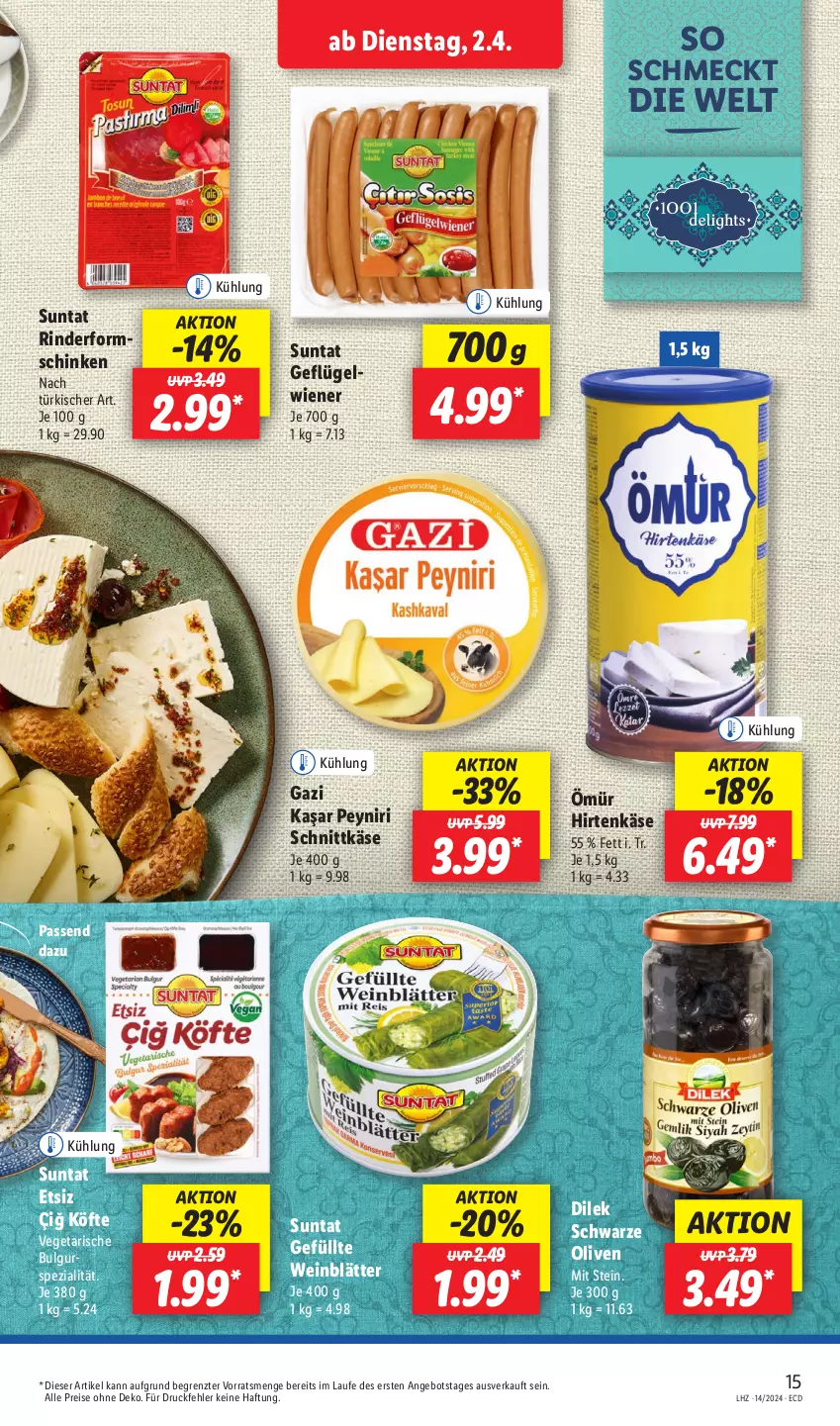 Aktueller Prospekt Lidl - Aktionsprospekt - von 02.04 bis 06.04.2024 - strona 19 - produkty: angebot, bulgur, eis, Geflügel, hirtenkäse, Käse, LG, olive, oliven, reis, rind, rinder, schinken, schnittkäse, Spezi, Ti, Vegeta, wein, wiener, ZTE