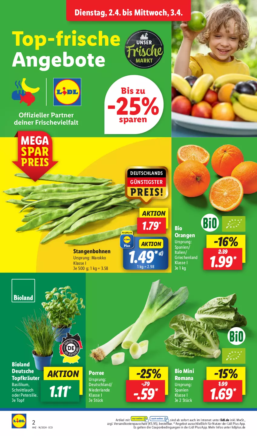 Aktueller Prospekt Lidl - Aktionsprospekt - von 02.04 bis 06.04.2024 - strona 2 - produkty: angebot, angebote, basilikum, bio, bioland, bohne, bohnen, coupon, eis, kräuter, ndk, orange, orangen, petersilie, reis, Schal, Schale, schnittlauch, Ti, topf, Topfkräuter