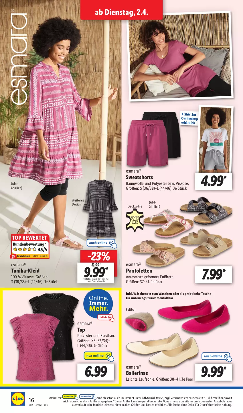 Aktueller Prospekt Lidl - Aktionsprospekt - von 02.04 bis 06.04.2024 - strona 24 - produkty: angebot, ball, Ballerinas, Bau, baumwolle, bett, decksohle, dell, eis, elle, esmara, kleid, Mode, ndk, pantolette, pantoletten, reis, rwe, Schal, Schale, shirt, shorts, sweatshorts, T-Shirt, Tasche, Ti, tisch, tunika, wolle, ZTE