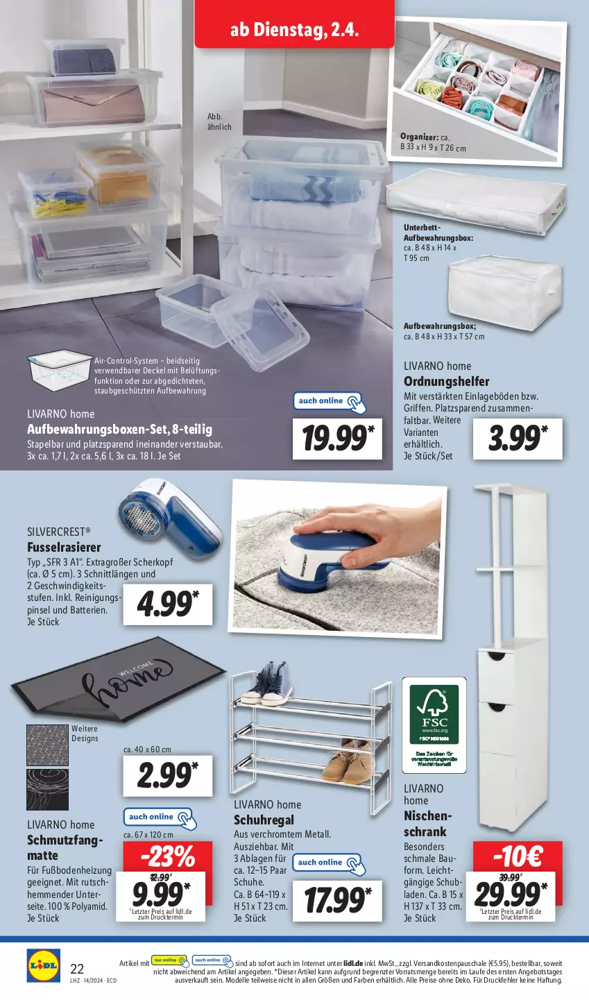 Aktueller Prospekt Lidl - Aktionsprospekt - von 02.04 bis 06.04.2024 - strona 30 - produkty: angebot, aufbewahrungsbox, batterie, batterien, Bau, bett, decke, Deckel, dell, eis, elle, Mode, ndk, paar schuhe, Pinsel, rasierer, regal, Reinigung, reis, Ria, rwe, Schal, Schale, schmutzfangmatte, Schrank, schubladen, schuhe, schuhregal, silvercrest, Ti, uhr, ZTE