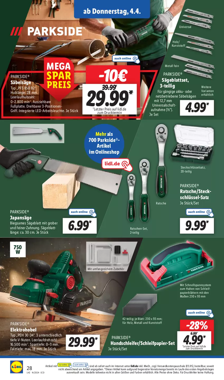 Aktueller Prospekt Lidl - Aktionsprospekt - von 02.04 bis 06.04.2024 - strona 38 - produkty: akku, angebot, Arbeitsleuchte, dell, eis, Elektro, elle, Holz, Japansäge, latte, Leuchte, Mode, ndk, papier, Parkside, reis, Ria, Säbelsäge, säge, Schal, Schale, Schleifpapier, Steckschlüsselsatz, Ti, ZTE