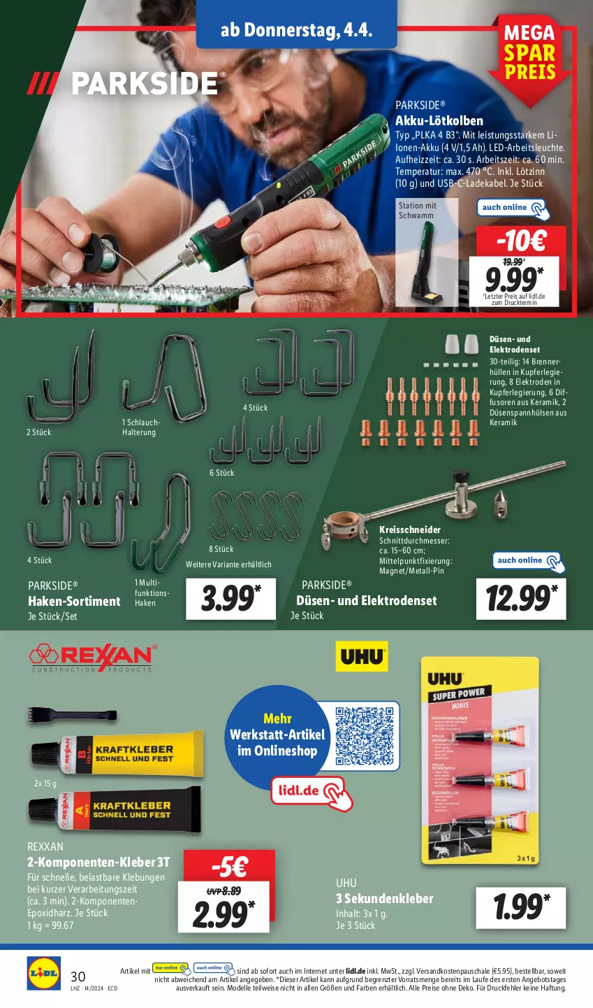 Aktueller Prospekt Lidl - Aktionsprospekt - von 02.04 bis 06.04.2024 - strona 40 - produkty: akku, angebot, Arbeitsleuchte, deka, dell, eis, Elektro, elle, ente, kleber, ladekabel, Leuchte, messer, Mode, ndk, Parkside, reis, reiss, Ria, Schal, Schale, schlauch, schwamm, shake, Ti, uhu, usb, ZTE