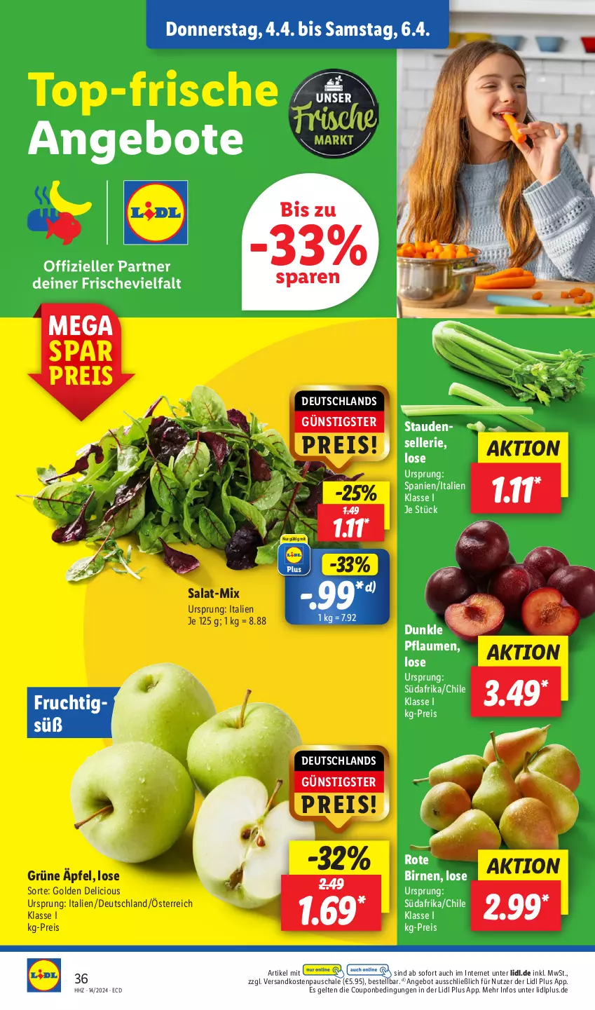 Aktueller Prospekt Lidl - Aktionsprospekt - von 02.04 bis 06.04.2024 - strona 48 - produkty: angebot, angebote, Birnen, coupon, eis, elle, frucht, ndk, pflaume, pflaumen, reis, salat, Schal, Schale, stauden, Ti