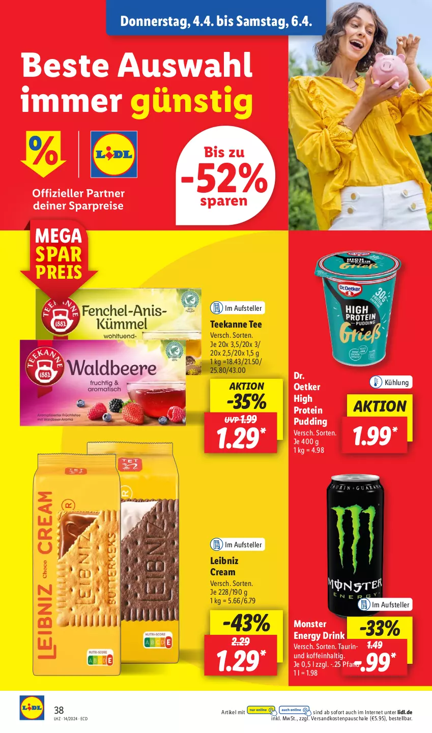 Aktueller Prospekt Lidl - Aktionsprospekt - von 02.04 bis 06.04.2024 - strona 50 - produkty: Dr. Oetker, drink, eis, elle, energy drink, leibniz, monster, Monster Energy, ndk, pudding, reis, Schal, Schale, tee, teekanne, teller, Ti