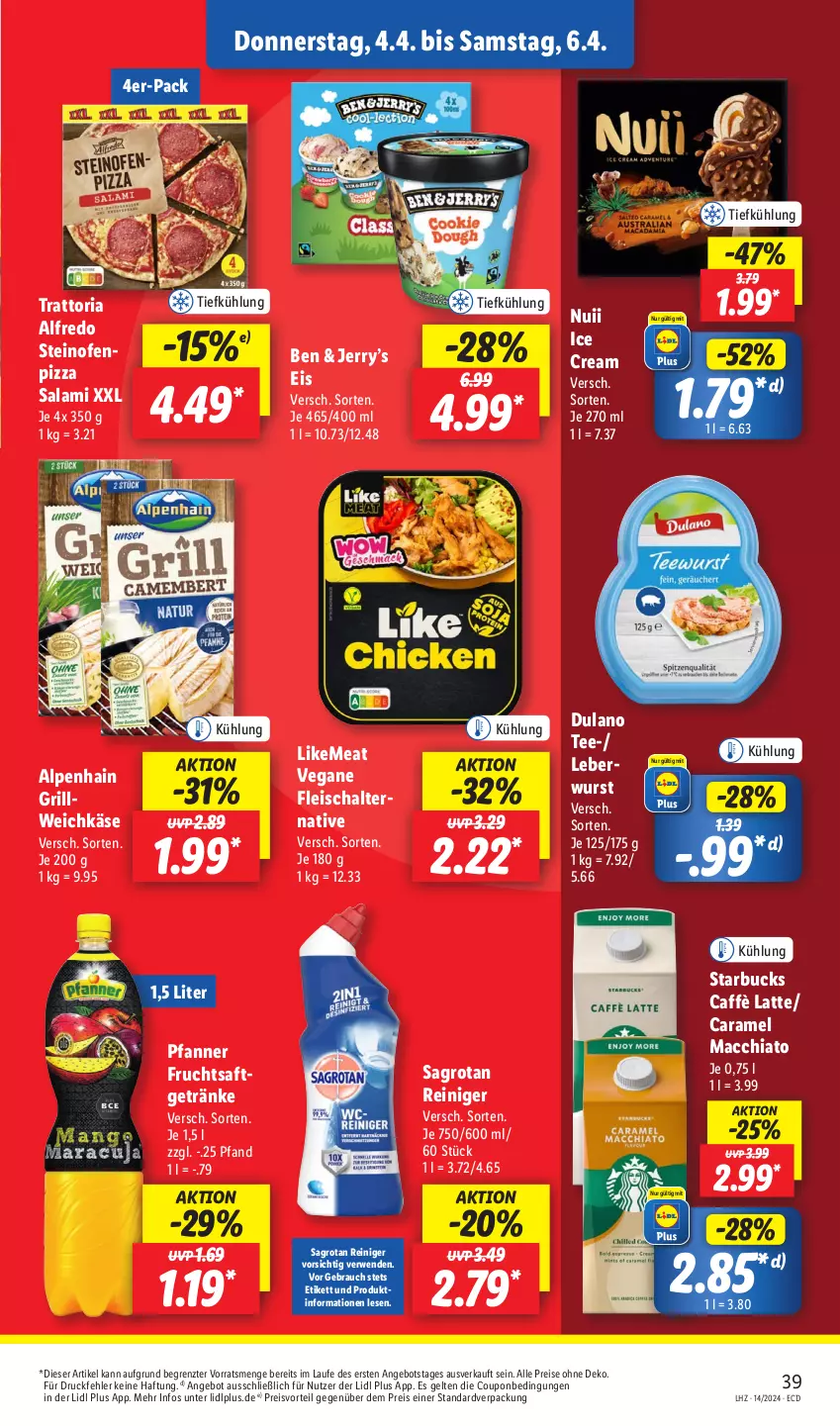 Aktueller Prospekt Lidl - Aktionsprospekt - von 02.04 bis 06.04.2024 - strona 51 - produkty: ACC, Alpenhain, angebot, caffè latte, caramel, chia, coupon, dulano, eis, fleisch, Fleischalternative, frucht, fruchtsaft, fruchtsaftgetränk, getränk, getränke, grill, Käse, latte, leberwurst, mac, macchiato, nuii, Ofen, pfanne, Pfanner, pizza, preisvorteil, Rauch, reiniger, reis, Ria, rwe, saft, sagrotan, salami, Schal, starbucks, steinofen, tee, Ti, Vegane Fleisch, weichkäse, wurst, ZTE