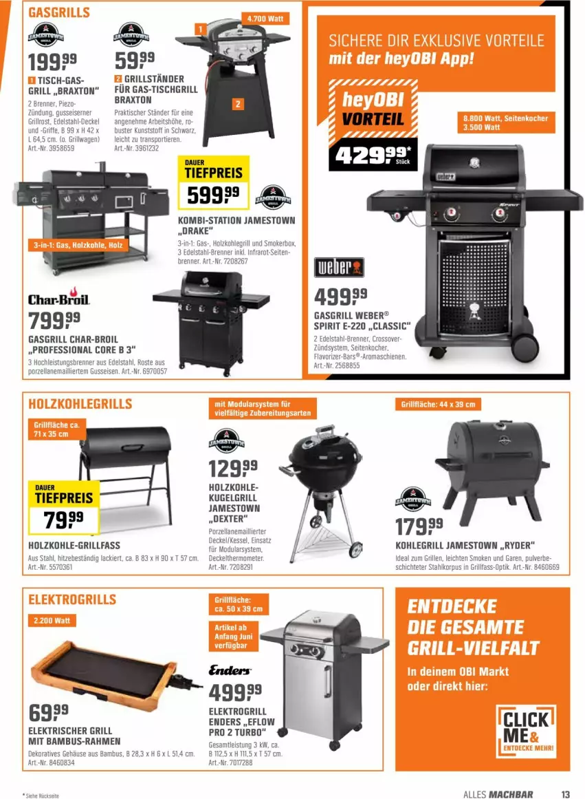 Aktueller Prospekt Obi - Prospekte - von 03.05 bis 15.05.2022 - strona 13 - produkty: auer, bambus, char-broil, decke, Deckel, edelstahl, eis, Elektro, enders, gasgrill, grill, grillrost, Holz, holzkohle, holzkohlegrill, ideal zum grillen, Kocher, Kohlegrill, Kugel, kugelgrill, lack, LG, mac, reis, Sport, thermometer, Ti, tiefpreis, Tiere, tisch, tischgrill, weber