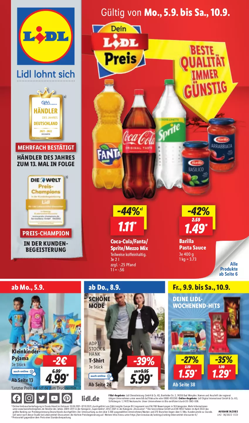 Aktueller Prospekt Lidl - Aktionsprospekt - von 05.09 bis 10.09.2022 - strona 1 - produkty: angebot, angebote, Bad, barilla, bio, champion, coca-cola, cola, discount, eis, erde, fanta, Kinder, lebensmittel, LG, Liege, Mezzo Mix, Mode, pasta, Pasta Sauce, preisvorteil, pril, Pyjama, Rauch, reis, sauce, shirt, sprite, T-Shirt, Ti, ZTE