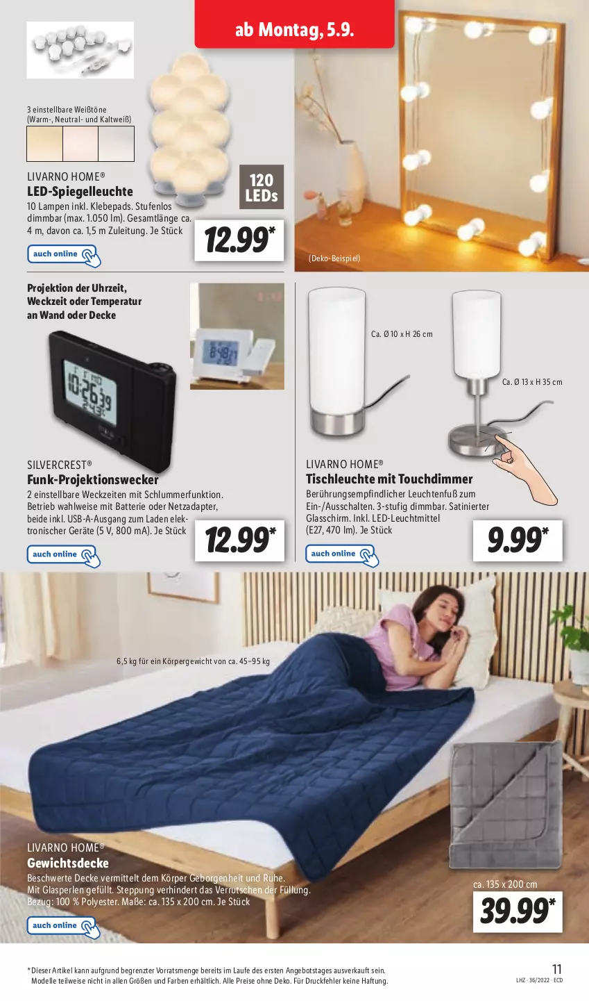 Aktueller Prospekt Lidl - Aktionsprospekt - von 05.09 bis 10.09.2022 - strona 11 - produkty: adapter, angebot, batterie, decke, dell, dimmer, eis, Elektro, elle, gefu, Lampe, leds, Leuchte, leuchten, leuchtmittel, Mode, perlen, reis, Schal, silvercrest, spiegel, Ti, tisch, tischleuchte, uhr, usb, weck, ZTE