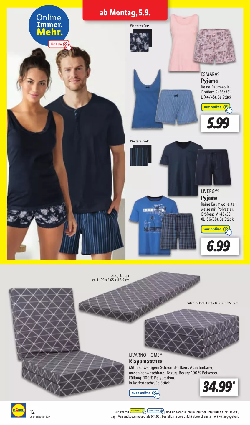 Aktueller Prospekt Lidl - Aktionsprospekt - von 05.09 bis 10.09.2022 - strona 12 - produkty: Bau, baumwolle, eis, esmara, koffer, livergy, matratze, ndk, Pyjama, reine baumwolle, Schal, Schale, Tasche, Ti, wolle