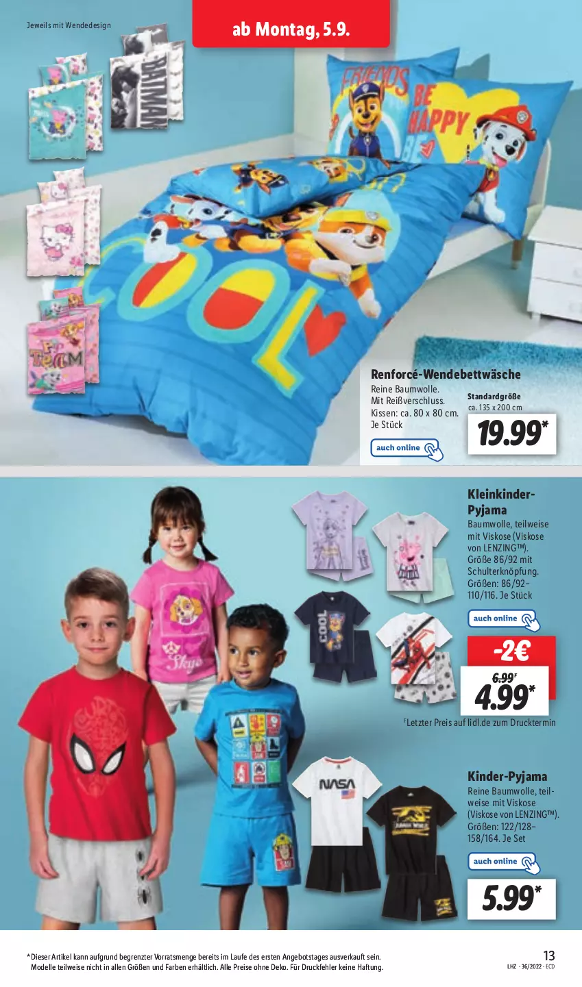 Aktueller Prospekt Lidl - Aktionsprospekt - von 05.09 bis 10.09.2022 - strona 13 - produkty: angebot, Bau, baumwolle, bett, dell, eis, elle, Kinder, kissen, lenzing, Mode, Pyjama, reine baumwolle, reis, Ti, wolle, ZTE