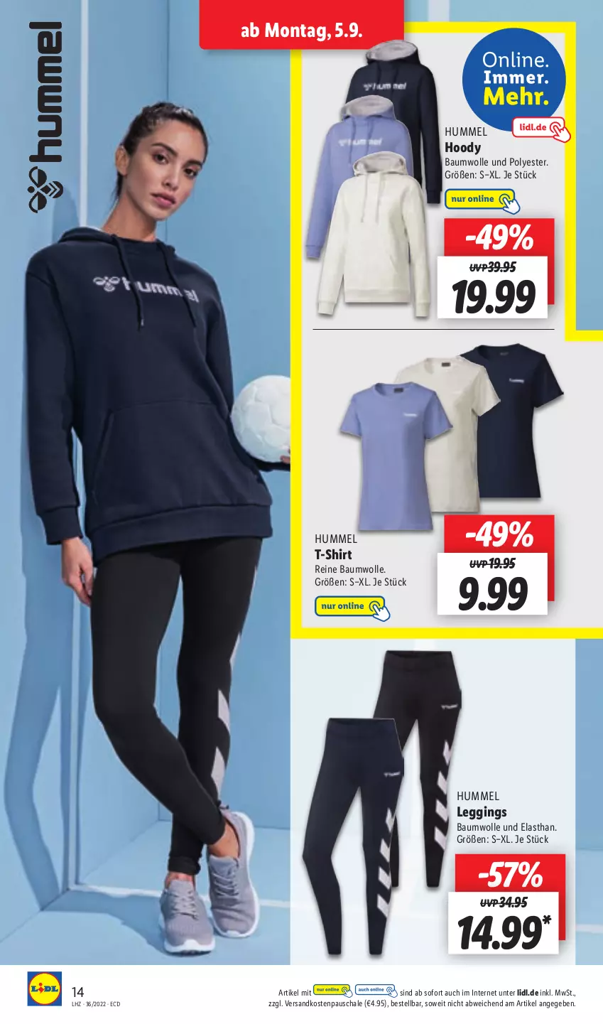 Aktueller Prospekt Lidl - Aktionsprospekt - von 05.09 bis 10.09.2022 - strona 14 - produkty: Bau, baumwolle, gin, leggings, ndk, reine baumwolle, Schal, Schale, shirt, T-Shirt, Ti, wolle