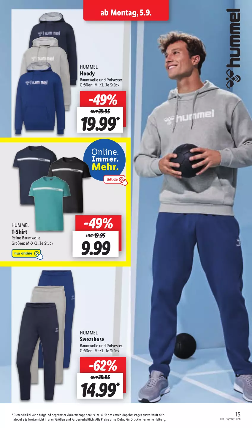 Aktueller Prospekt Lidl - Aktionsprospekt - von 05.09 bis 10.09.2022 - strona 15 - produkty: angebot, Bau, baumwolle, dell, eis, elle, hose, Mode, reine baumwolle, reis, shirt, Sweathose, T-Shirt, Ti, wolle, ZTE