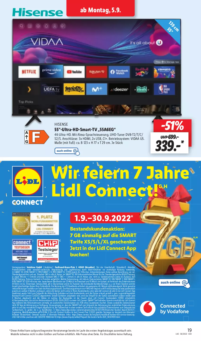 Aktueller Prospekt Lidl - Aktionsprospekt - von 05.09 bis 10.09.2022 - strona 19 - produkty: aldi, alexa, angebot, auto, Betriebssystem, braun, Brei, buch, dell, dvb, DVB-T, eier, eis, elle, gin, HDMI, hisense, inklusivleistungen, Liege, Mode, Rauch, reis, rwe, Soda, Tchibo, Ti, tisch, tuner, uhd, usb, vodafone, Yo, ZTE