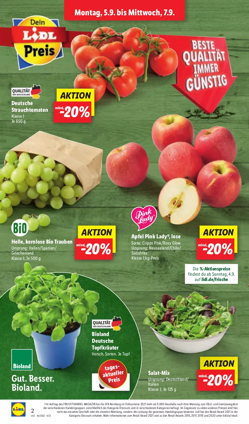 Aktueller Prospekt Lidl - Aktionsprospekt - von 05.09 bis 10.09.2022 - strona 2 - produkty: Abtei, aktionspreis, angebot, apfel, bio, bioland, discount, eis, Elan, elle, frucht, kräuter, magazin, obst, Pink Lady, Rauch, reis, salat, strauchtomaten, Ti, tomate, tomaten, topf, Topfkräuter, trauben, und gemüse