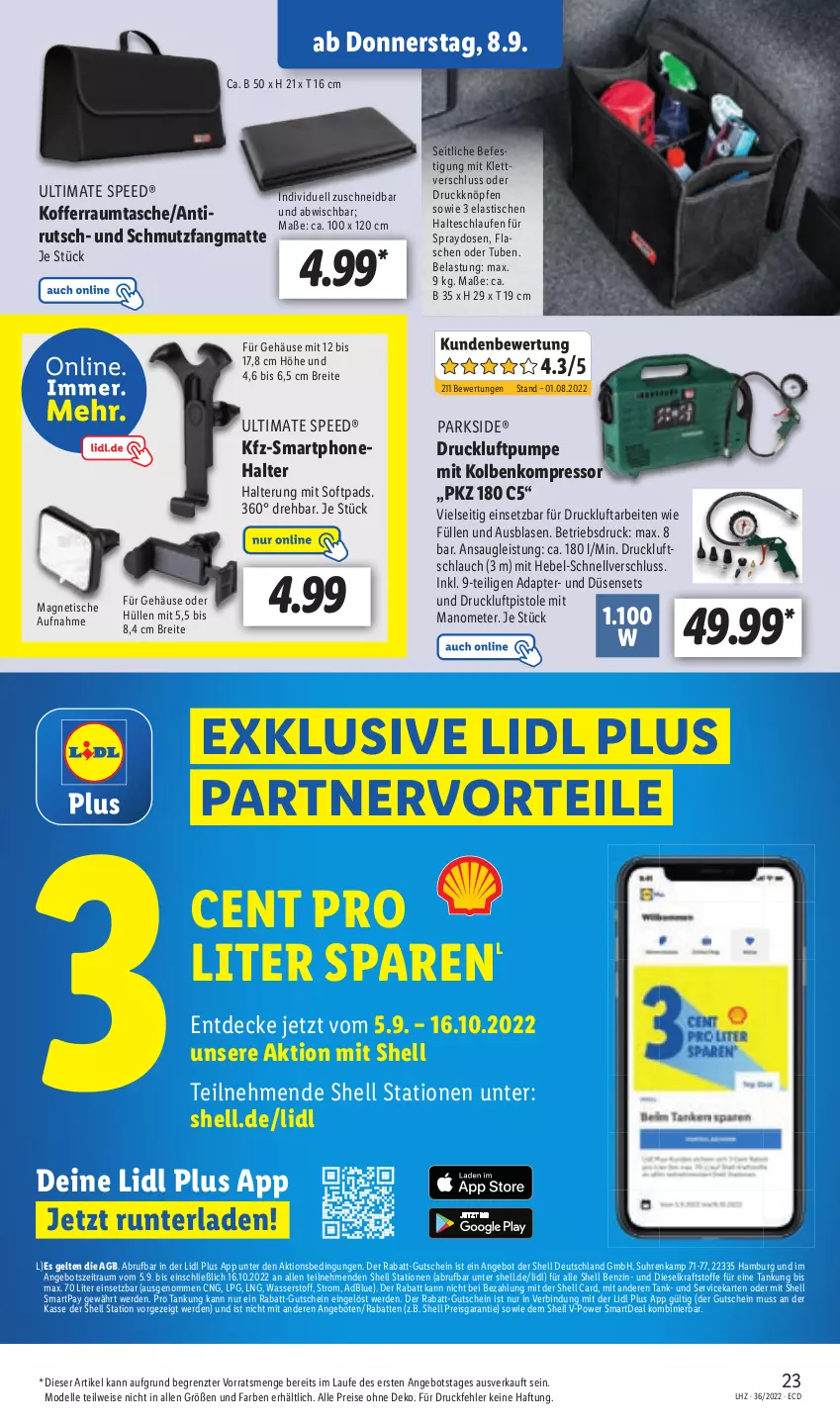 Aktueller Prospekt Lidl - Aktionsprospekt - von 05.09 bis 10.09.2022 - strona 23 - produkty: adapter, adblue, angebot, angebote, asti, Brei, decke, dell, Diesel, eis, elle, erde, gutschein, Halteschlaufe, koffer, kompressor, kraft, Laufen, Mode, Parkside, reis, schlauch, schmutzfangmatte, smartphone, spee, Tasche, Ti, tisch, uhr, usb, wasser, ZTE