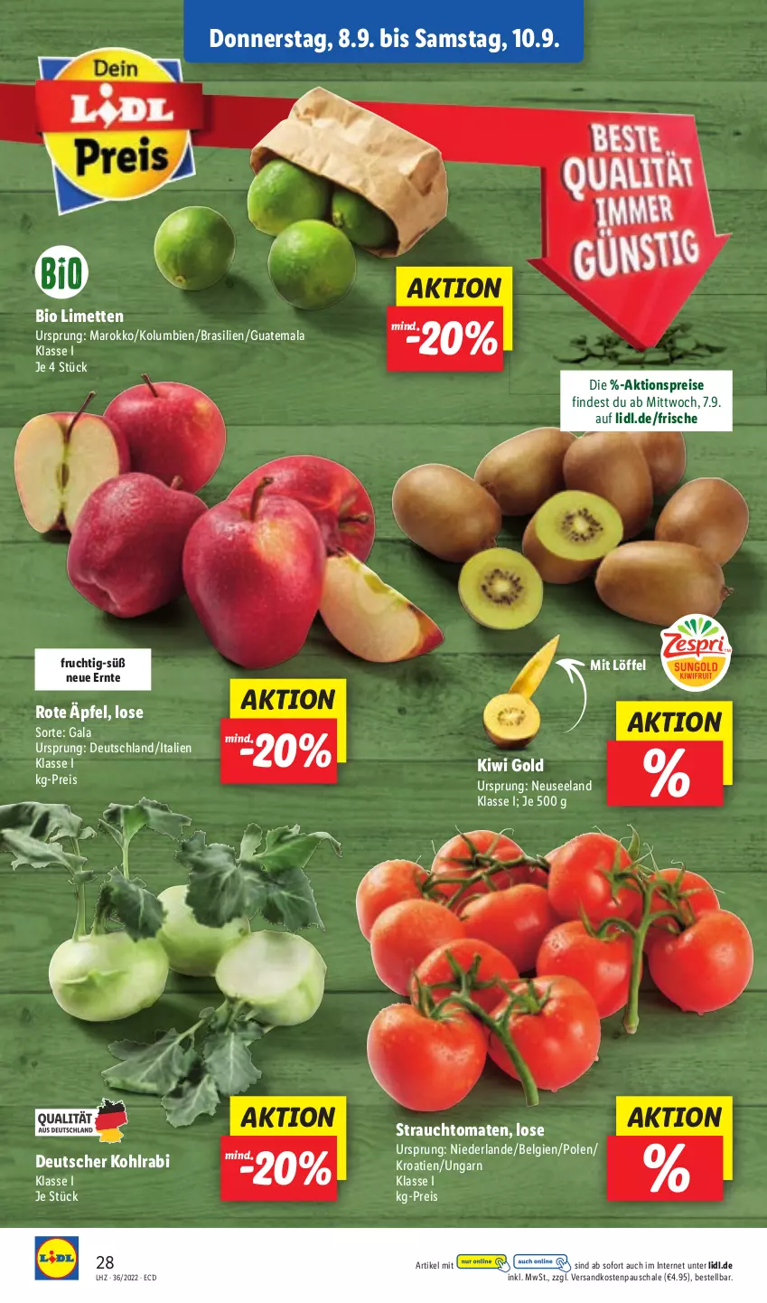 Aktueller Prospekt Lidl - Aktionsprospekt - von 05.09 bis 10.09.2022 - strona 28 - produkty: aktionspreis, bio, eis, Elan, frucht, kiwi, Kiwi Gold, kohlrabi, LG, limette, limetten, Löffel, Mett, metten, ndk, Rauch, reis, Schal, Schale, strauchtomaten, Ti, tomate, tomaten