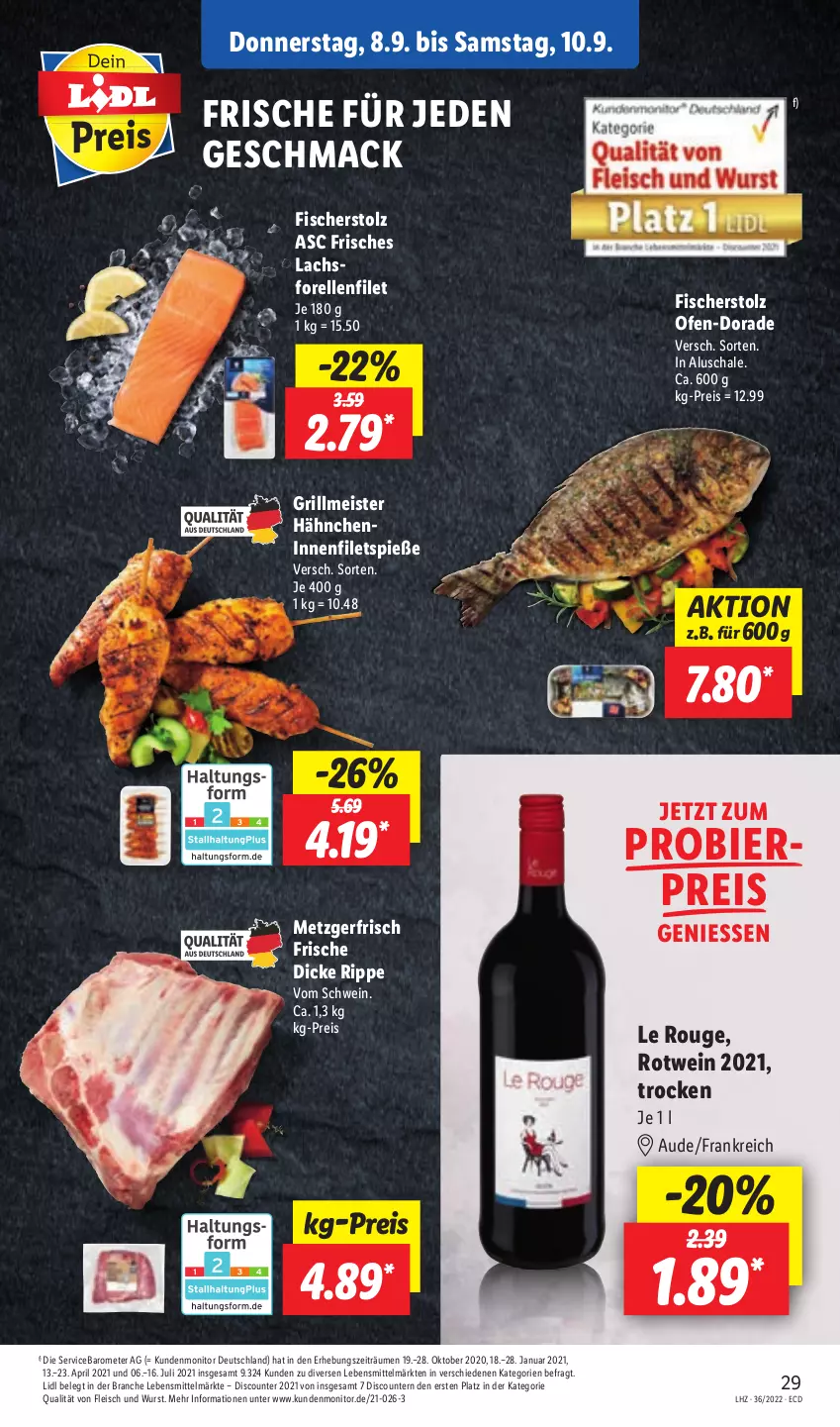 Aktueller Prospekt Lidl - Aktionsprospekt - von 05.09 bis 10.09.2022 - strona 29 - produkty: bier, discount, Dorade, eis, elle, filet, filets, fisch, fische, Fischer, fleisch, forelle, grill, lachs, lebensmittel, mac, Meister, monitor, Ofen, pril, reis, rel, rotwein, rouge, Schal, Schale, schwein, Ti, wein, wurst