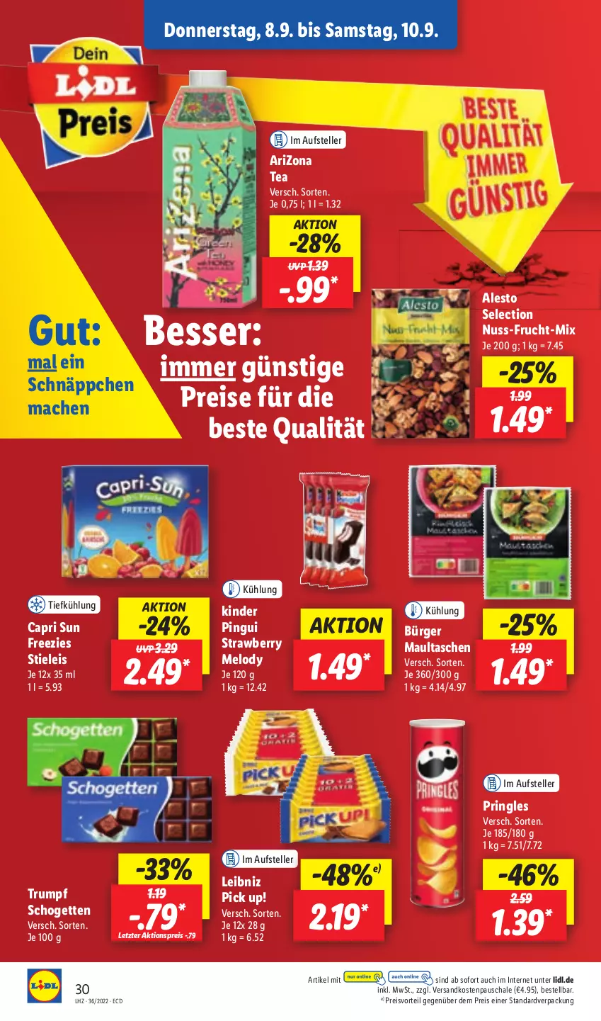 Aktueller Prospekt Lidl - Aktionsprospekt - von 05.09 bis 10.09.2022 - strona 30 - produkty: aktionspreis, alesto, Cap, eis, elle, frucht, Kinder, kinder pingui, leibniz, mac, maultaschen, ndk, nuss, Pick Up!, pingui, preisvorteil, pringles, reis, ring, rum, Schal, Schale, schnäppchen, schogetten, stieleis, Tasche, taschen, teller, Ti, ZTE