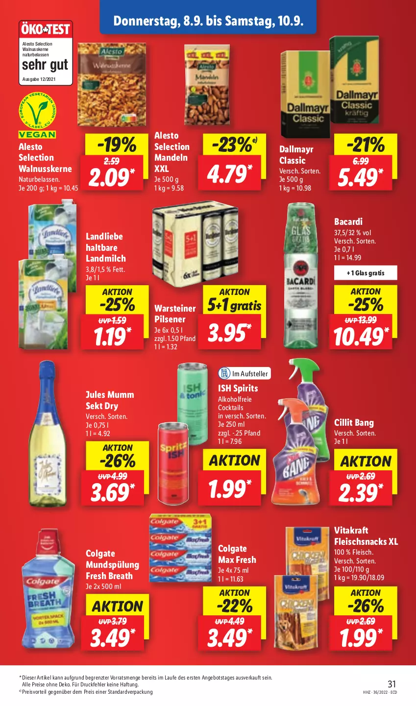 Aktueller Prospekt Lidl - Aktionsprospekt - von 05.09 bis 10.09.2022 - strona 31 - produkty: alesto, alkohol, angebot, bacardi, Cillit, cillit bang, cocktail, cocktails, colgate, dallmayr, eis, elle, fleisch, jules mumm, kraft, landliebe, landmilch, LG, mandel, mandeln, Max Fresh, milch, mumm, mundspülung, natur, nuss, pils, pilsener, preisvorteil, reis, sekt, snack, snacks, spülung, steiner, teller, Ti, vita, vitakraft, walnuss, walnusskerne, warsteiner, ZTE