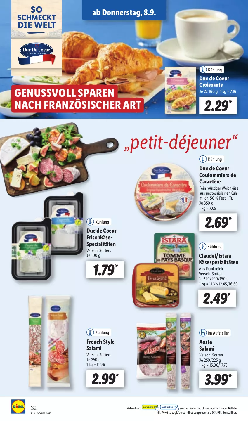 Aktueller Prospekt Lidl - Aktionsprospekt - von 05.09 bis 10.09.2022 - strona 32 - produkty: caractère, Croissant, croissants, elle, frischkäse, Käse, milch, ndk, nuss, salami, Schal, Schale, Spezi, teller, Ti, weichkäse