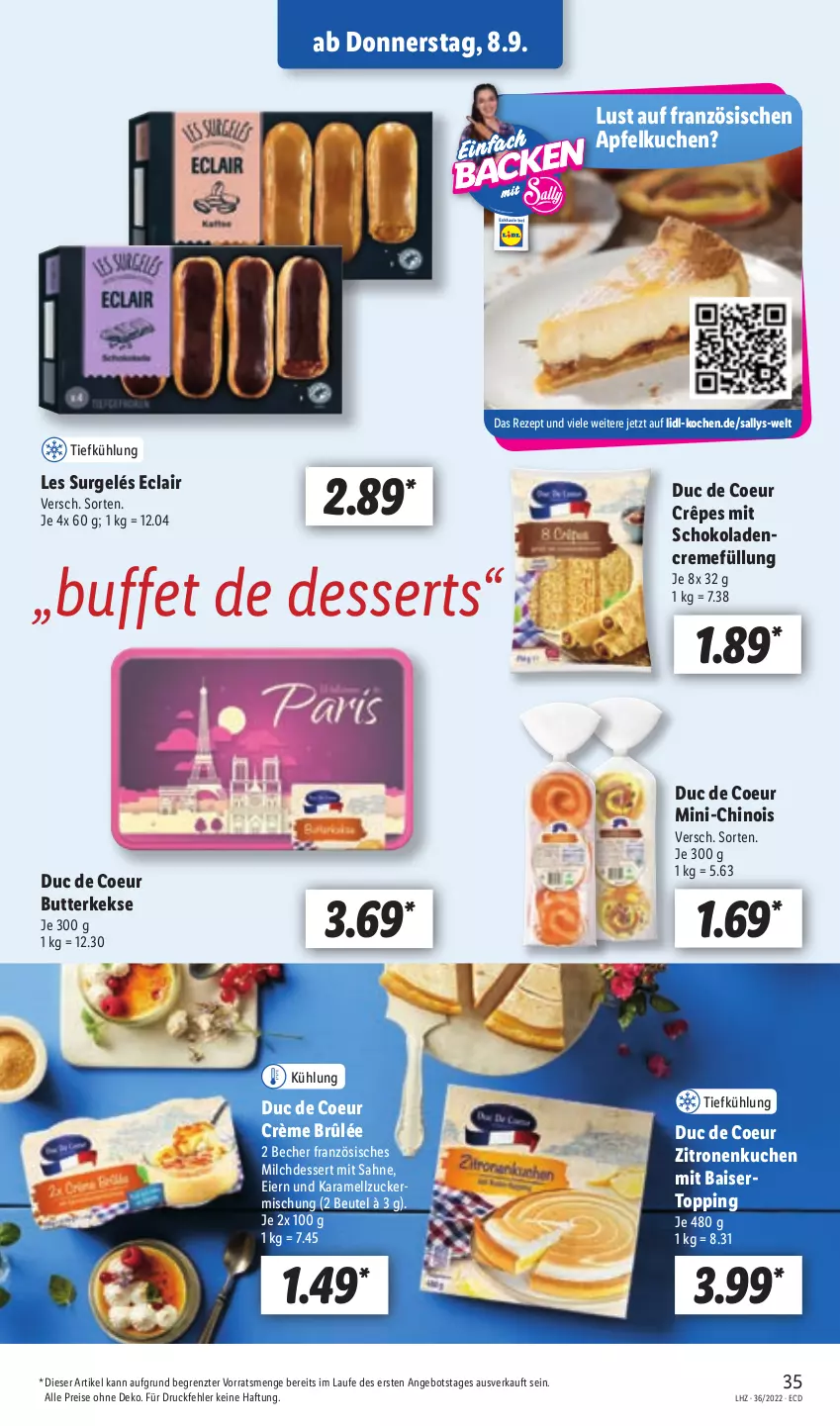 Aktueller Prospekt Lidl - Aktionsprospekt - von 05.09 bis 10.09.2022 - strona 35 - produkty: angebot, apfel, Apfelkuchen, Becher, beutel, butter, butterkeks, creme, Crème Brûlée, dessert, desserts, eier, eis, karamell, keks, kekse, kuchen, milch, Milchdessert, reis, rezept, sahne, schoko, schokolade, schokoladen, Ti, zitrone, zitronen, ZTE, zucker