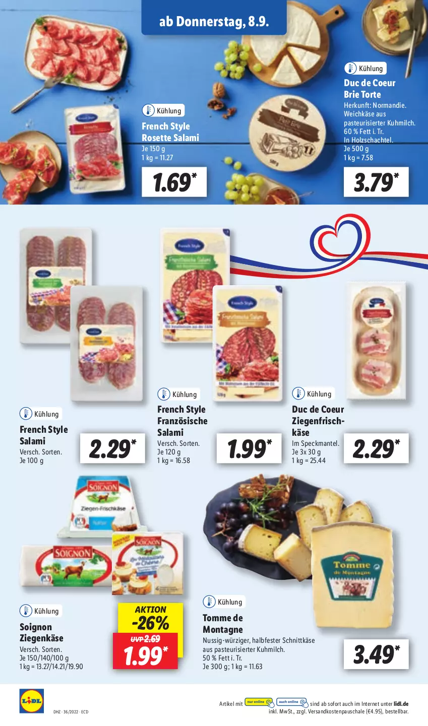 Aktueller Prospekt Lidl - Aktionsprospekt - von 05.09 bis 10.09.2022 - strona 36 - produkty: brie, frischkäse, halbfester schnittkäse, Holz, Käse, Mantel, milch, ndk, nuss, salami, Schal, Schale, schnittkäse, Speck, Ti, torte, weichkäse, ziegenfrischkäse, ziegenkäse