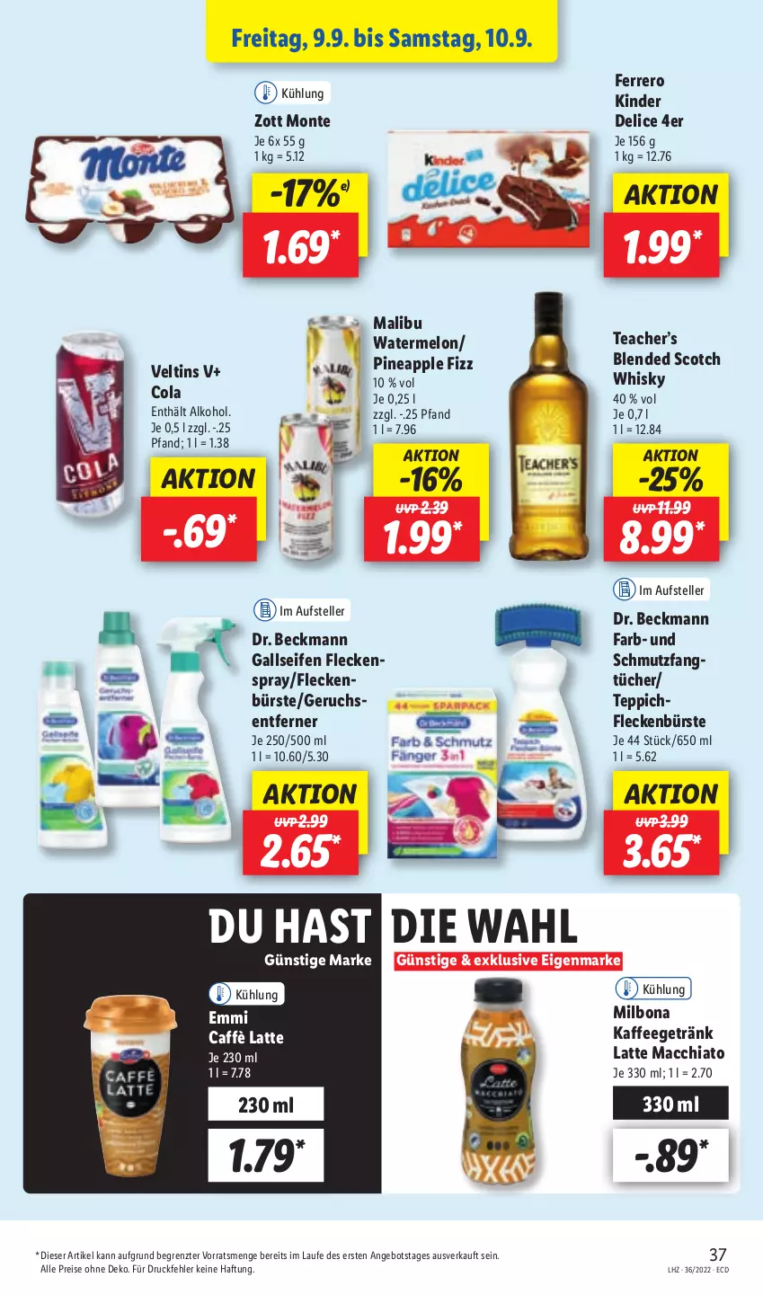 Aktueller Prospekt Lidl - Aktionsprospekt - von 05.09 bis 10.09.2022 - strona 41 - produkty: ACC, alkohol, angebot, Apple, blended scotch, blended scotch whisky, Bona, bürste, caffè latte, chia, cola, delice, Dr. Beckmann, eis, elle, emmi, Fangtücher, ferrero, getränk, kaffee, Kinder, Kinder Delice, latte, latte macchiato, mac, macchiato, Malibu, Milbona, monte, reis, scotch, scotch whisky, Seife, teller, teppich, Ti, tücher, veltins, whisky, zott, Zott Monte, ZTE