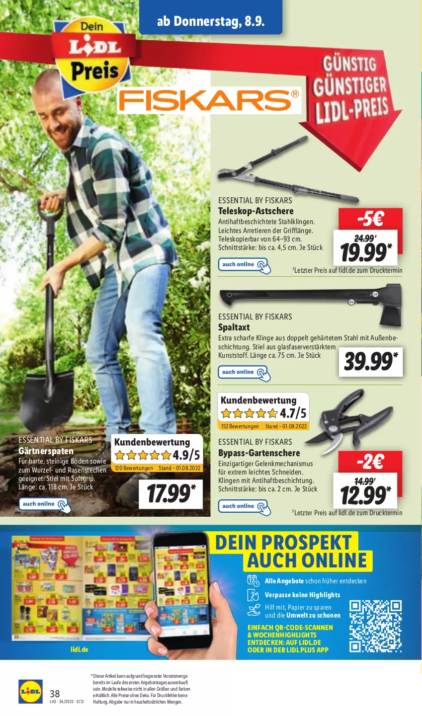 Aktueller Prospekt Lidl - Aktionsprospekt - von 05.09 bis 10.09.2022 - strona 42 - produkty: angebot, angebote, decke, dell, eis, elle, fiskars, Garten, Gartenschere, Mode, papier, rasen, reis, Schere, Spaten, Teleskop, Ti, Tiere, ZTE